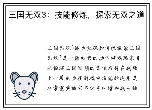 三国无双3：技能修炼，探索无双之道